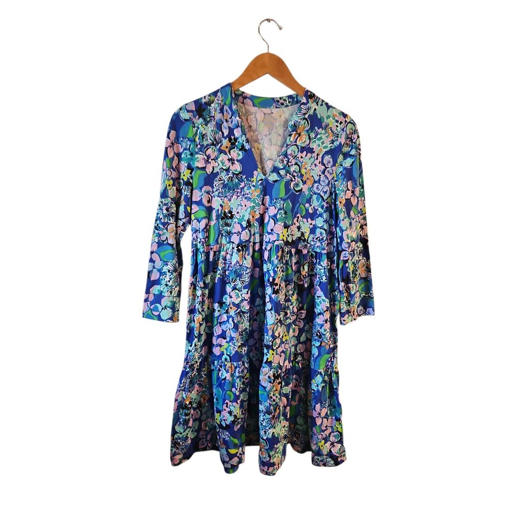 LILLY PULITZER ALAINA DRESS 3/4 SLEEVE BLUE GROTTO TWILIGHT TROPICS small $118 - Picture 5 of 9